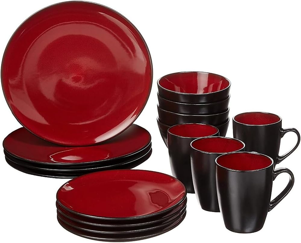 Gibson Soho Lounge Round Reactive Glaze Stoneware Dinnerware Set, Service for 4 (16pc), Red