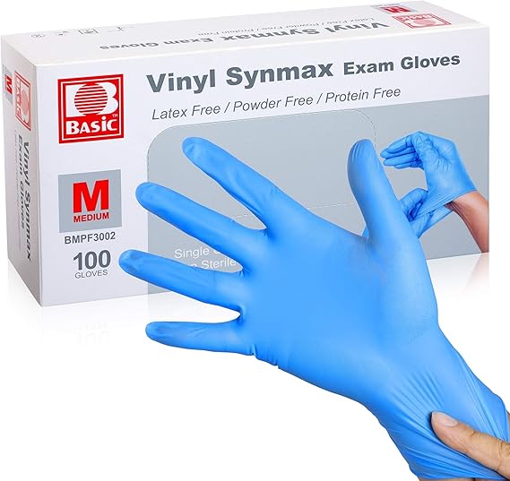 Synthetic Vinyl Exam Gloves - Latex-Free & Powder-Free - Medium, BMPF-3002 Blue