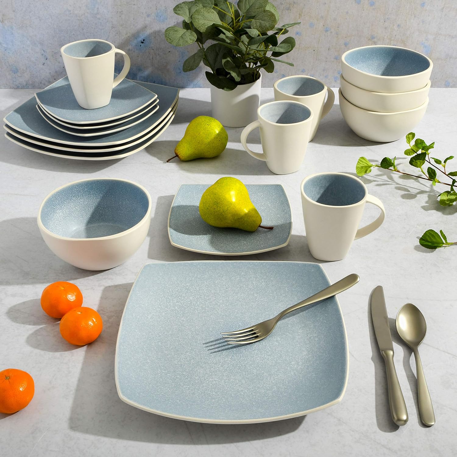 Gibson Soho Lounge Square Reactive Glaze Stoneware Dinnerware Set, Service for 4 (16pc), Aqua Blue