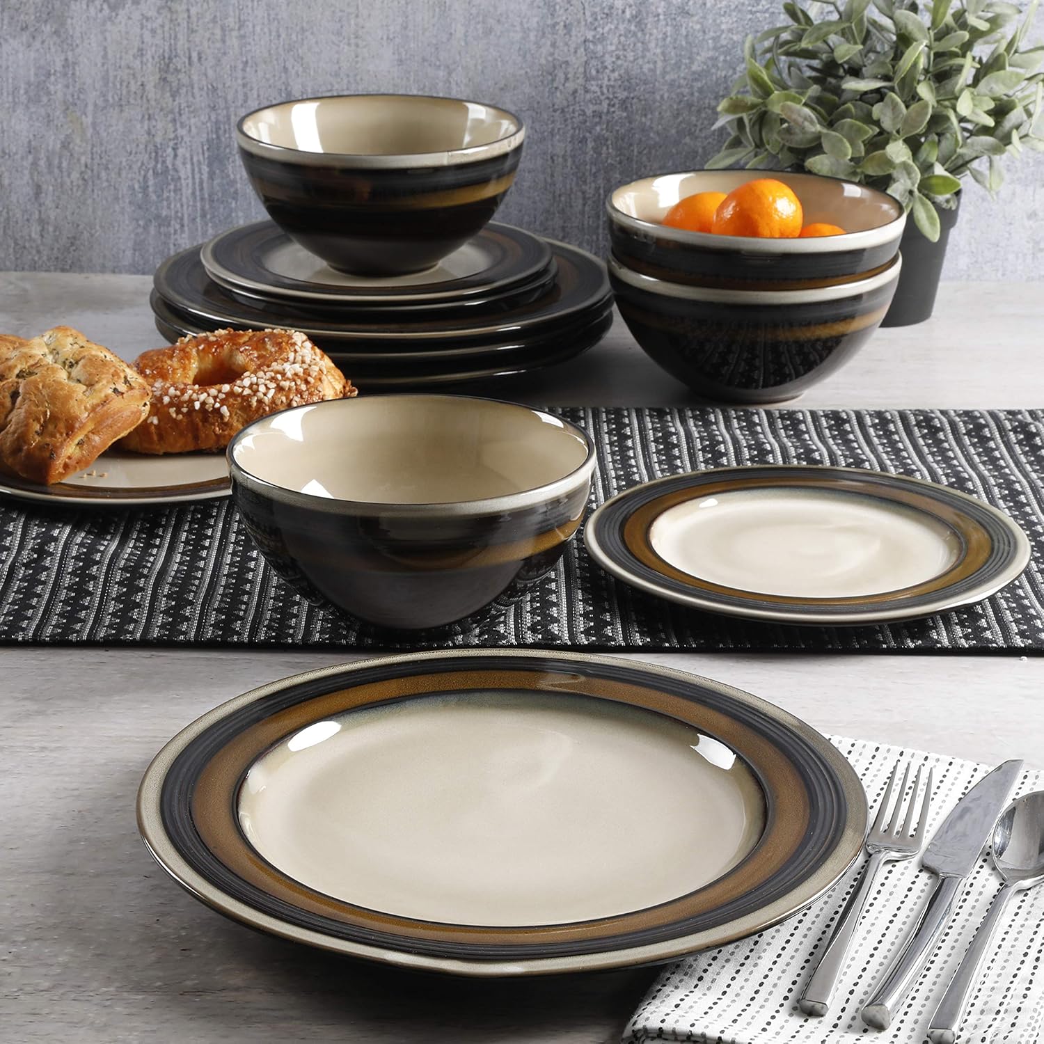 Gibson Elite Everston 12 Piece Dinnerware Set, Brown